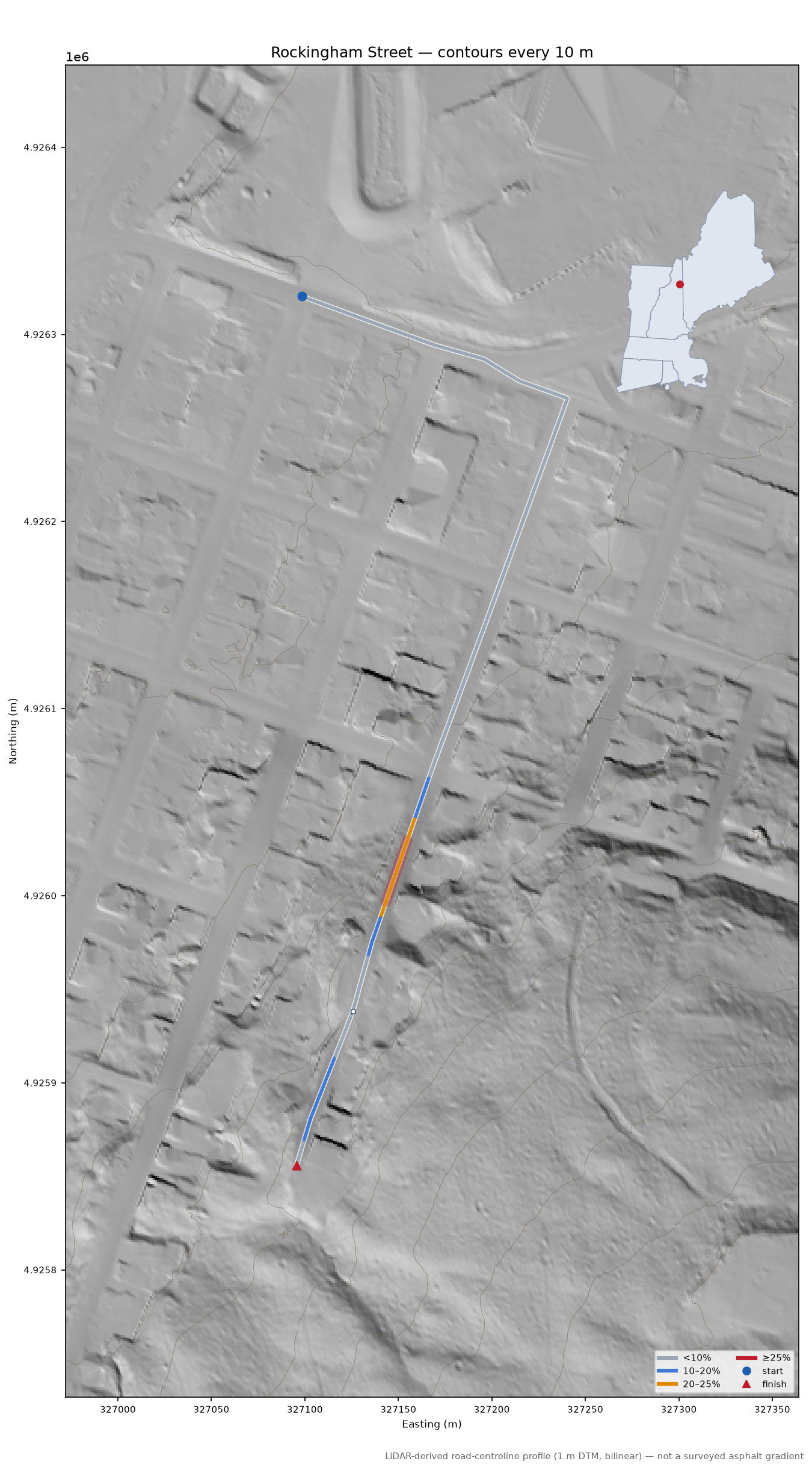 Rockingham Street LiDAR hillshade map with contours