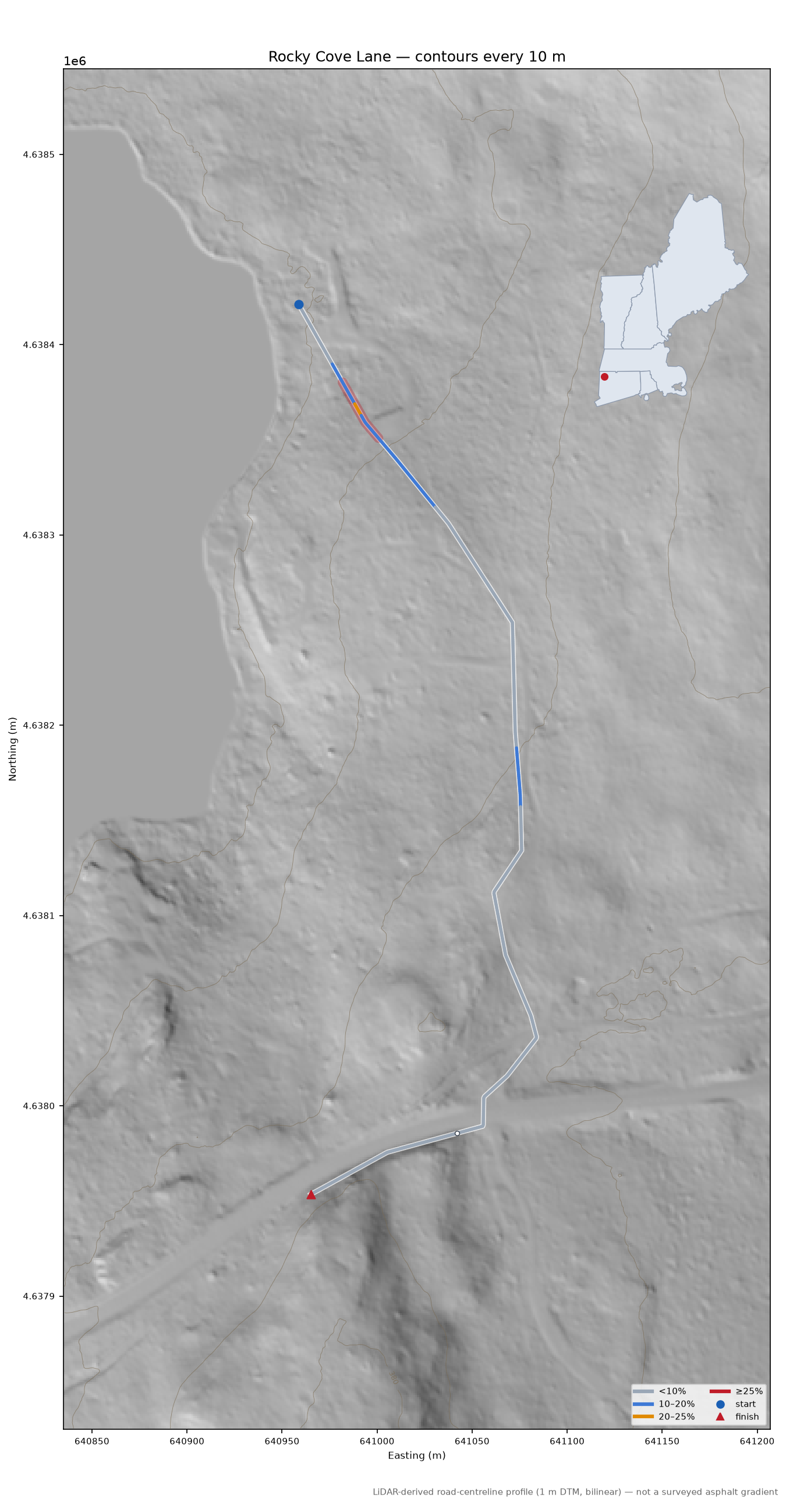 Rocky Cove Lane LiDAR hillshade map with contours