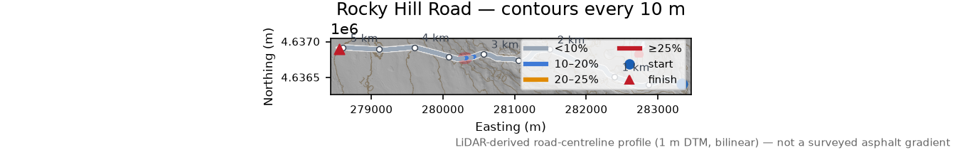 Rocky Hill Road LiDAR hillshade map with contours