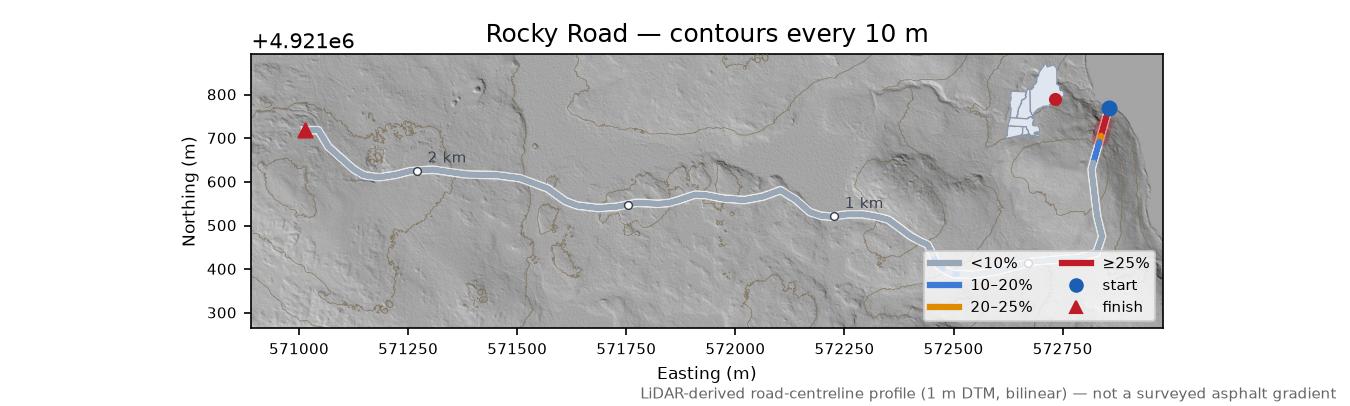 Rocky Road LiDAR hillshade map with contours