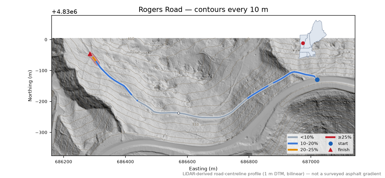 Rogers Road LiDAR hillshade map with contours