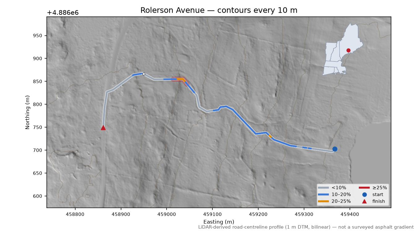 Rolerson Avenue LiDAR hillshade map with contours