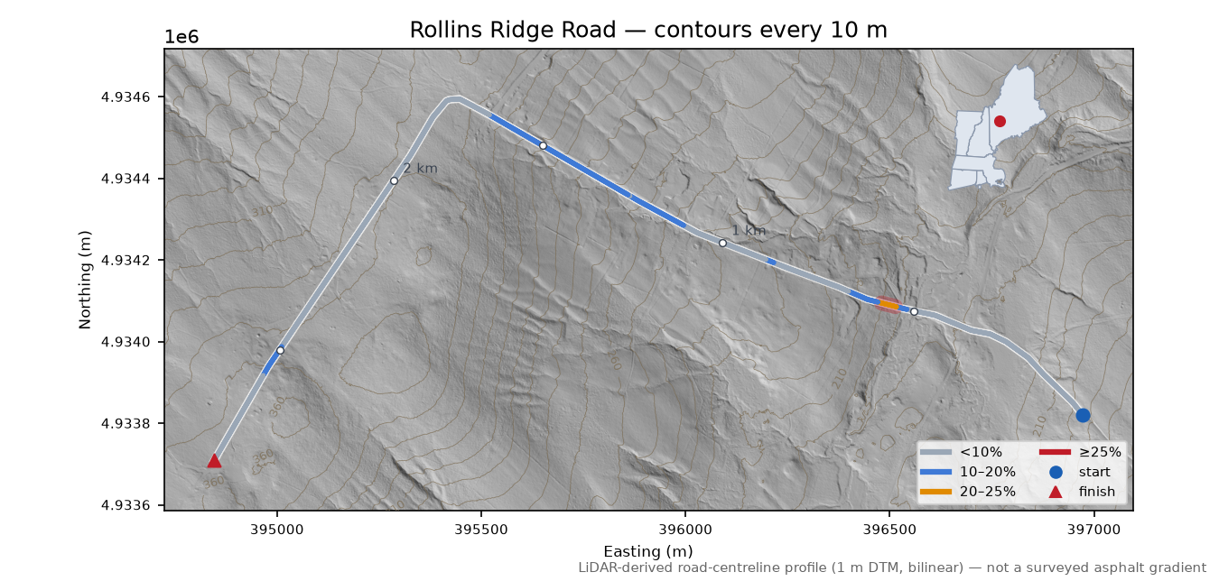 Rollins Ridge Road LiDAR hillshade map with contours
