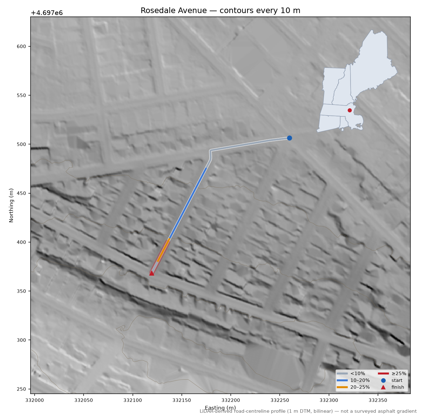 Rosedale Avenue LiDAR hillshade map with contours