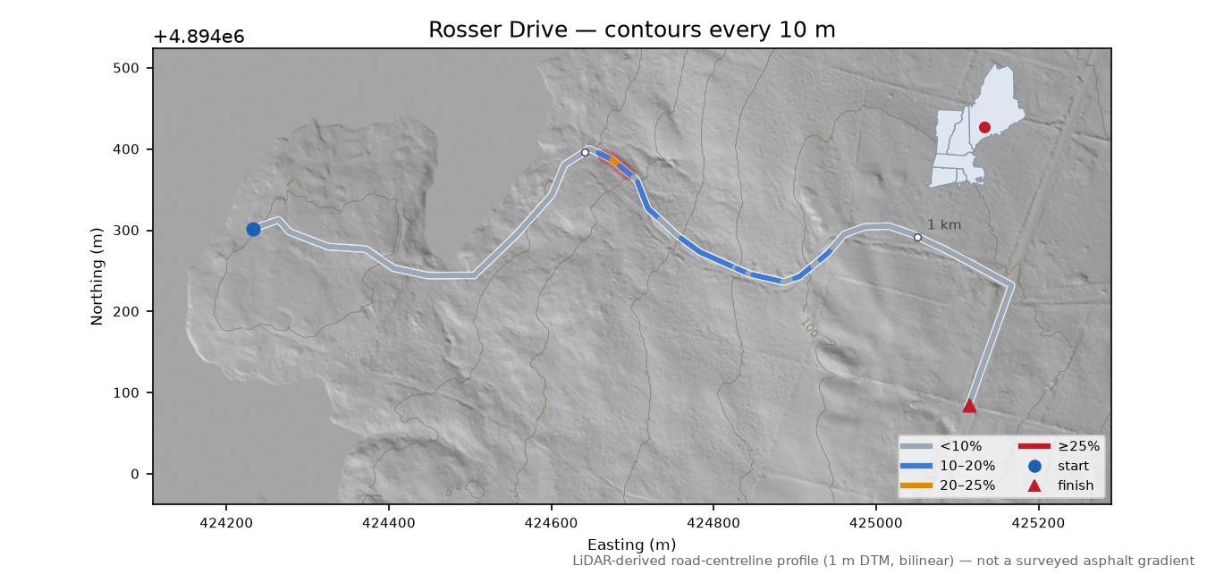 Rosser Drive LiDAR hillshade map with contours