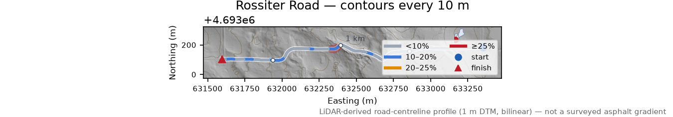 Rossiter Road LiDAR hillshade map with contours
