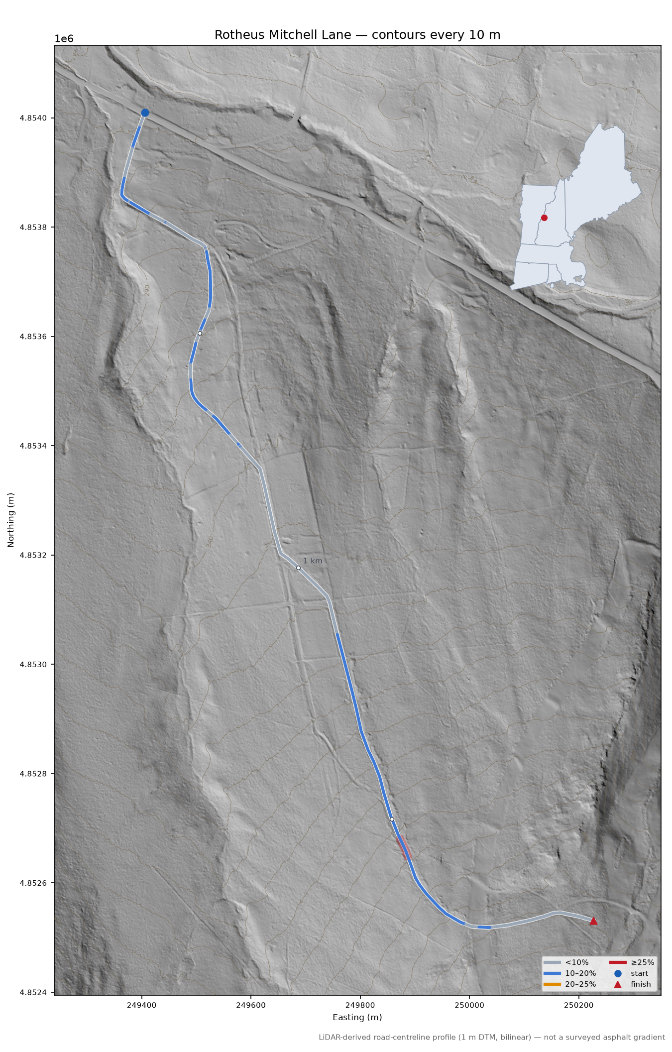 Rotheus Mitchell Lane LiDAR hillshade map with contours