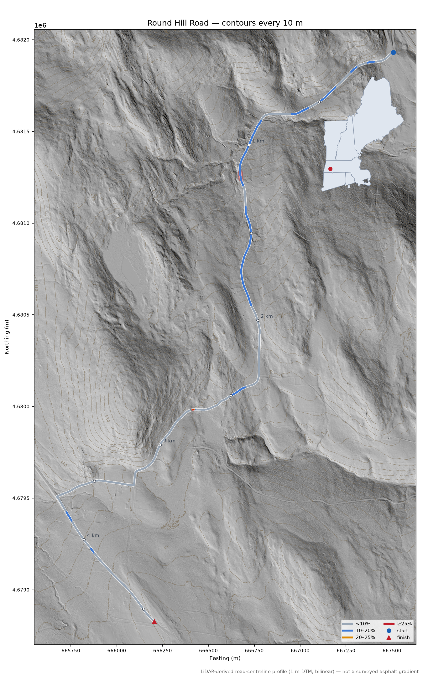 Round Hill Road LiDAR hillshade map with contours
