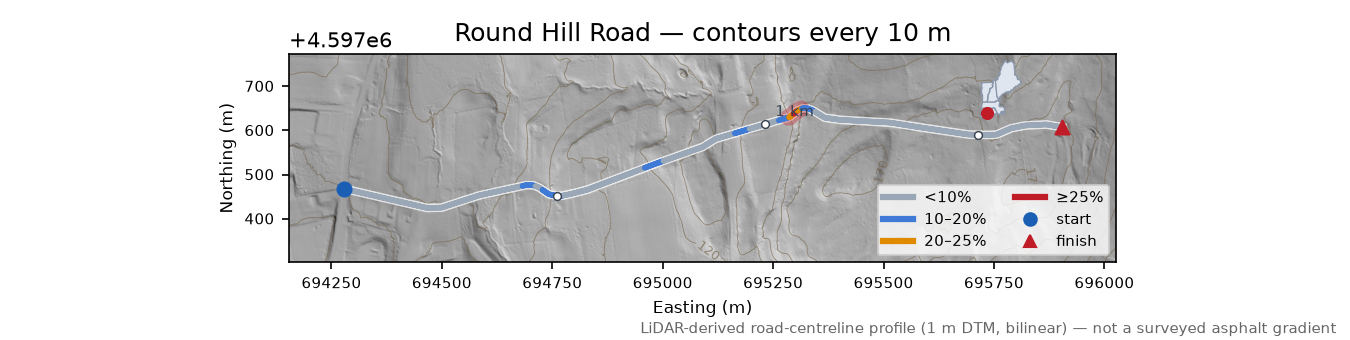 Round Hill Road LiDAR hillshade map with contours