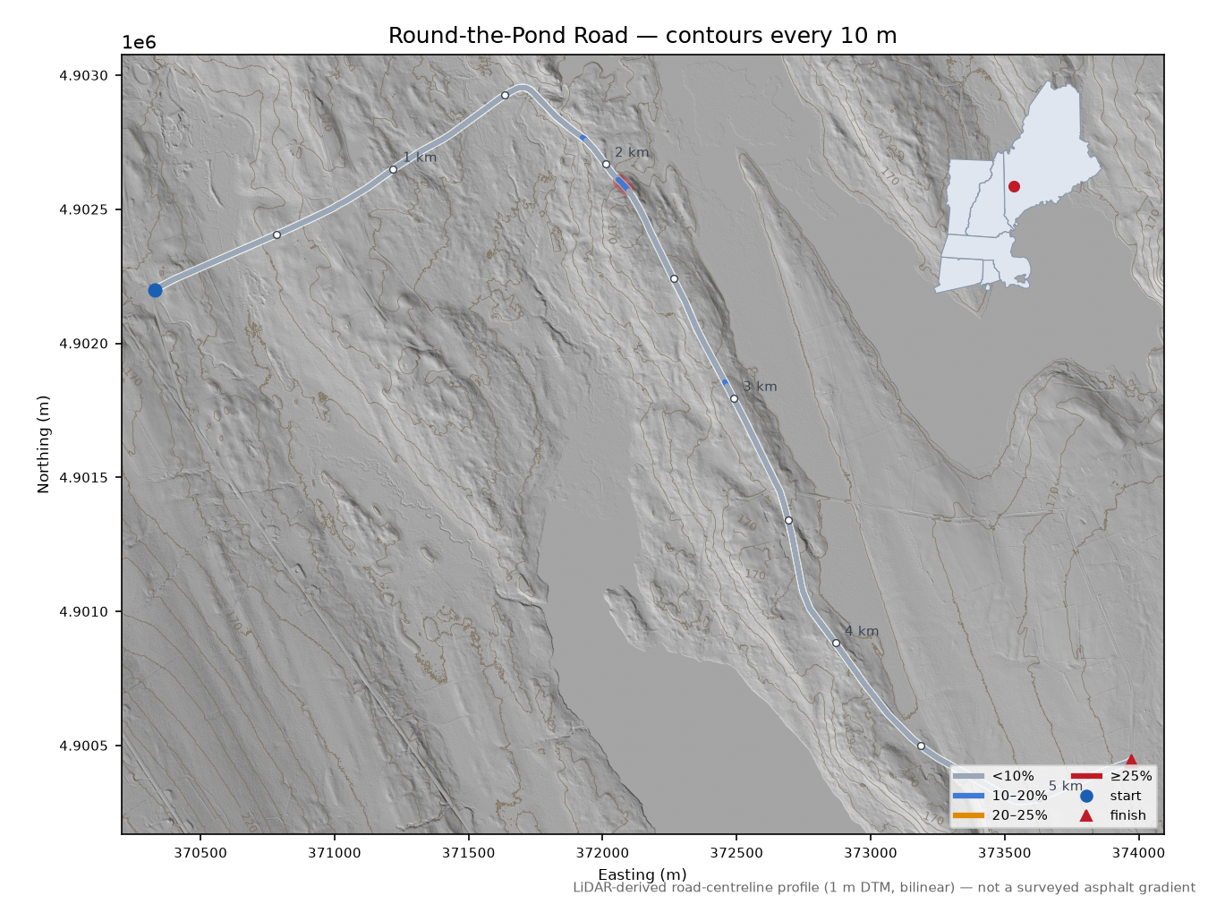Round-the-Pond Road LiDAR hillshade map with contours