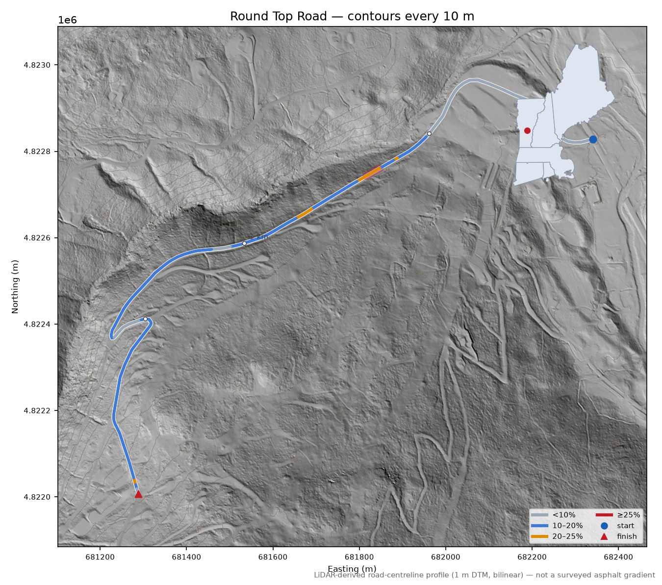 Round Top Road LiDAR hillshade map with contours