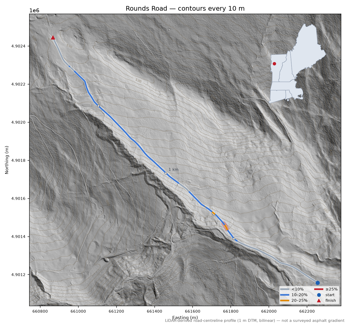 Rounds Road LiDAR hillshade map with contours