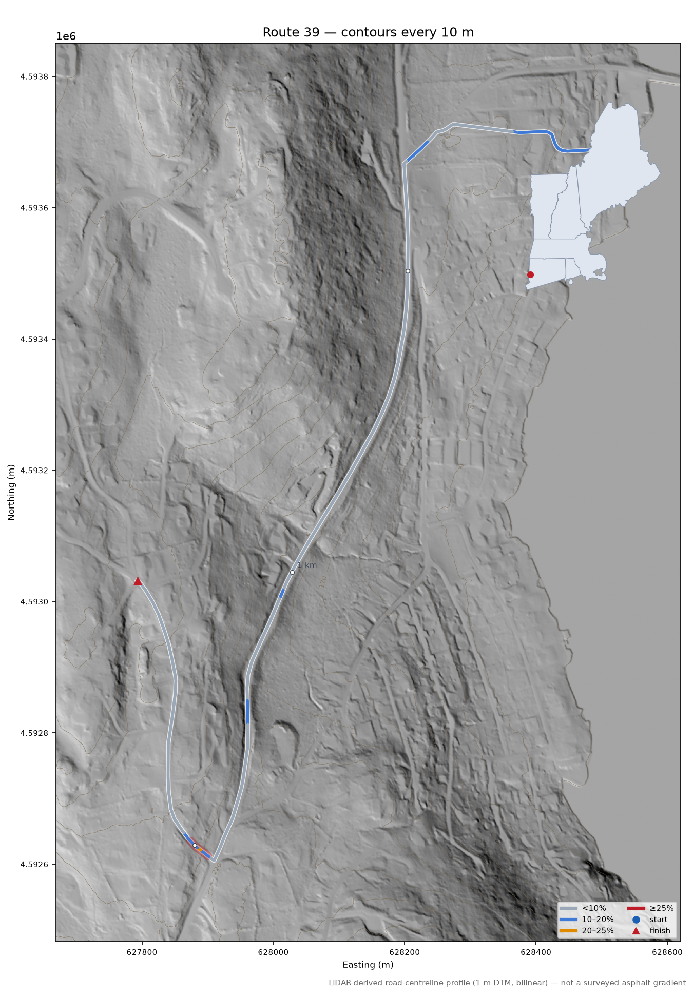 Route 39 LiDAR hillshade map with contours