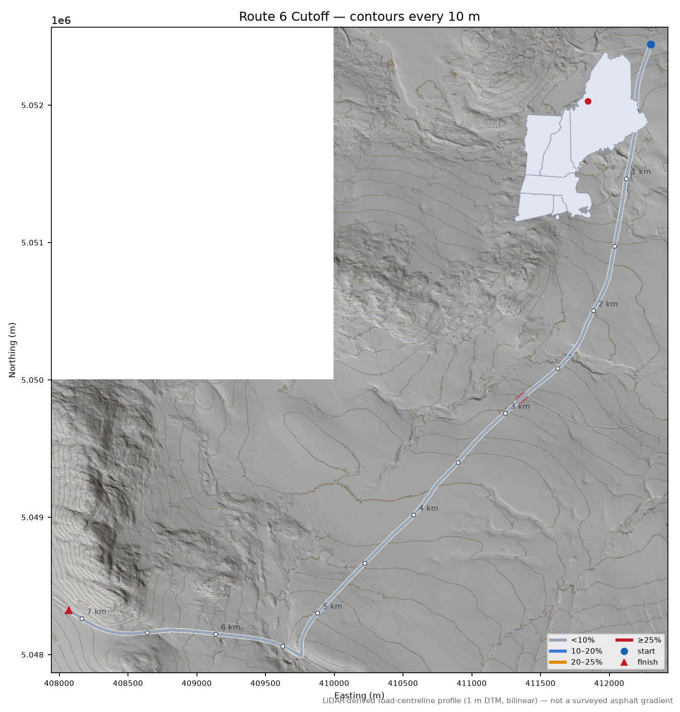 Route 6 Cutoff LiDAR hillshade map with contours