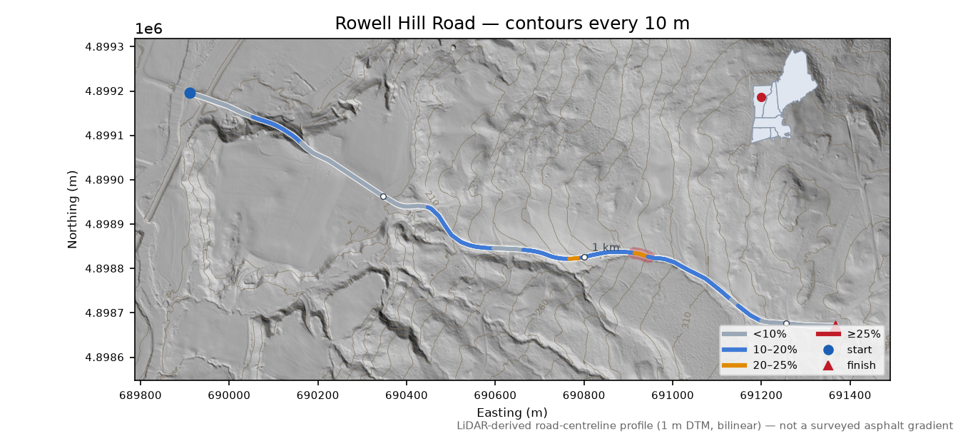 Rowell Hill Road LiDAR hillshade map with contours