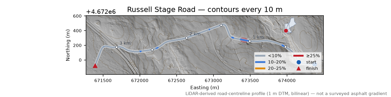 Russell Stage Road LiDAR hillshade map with contours