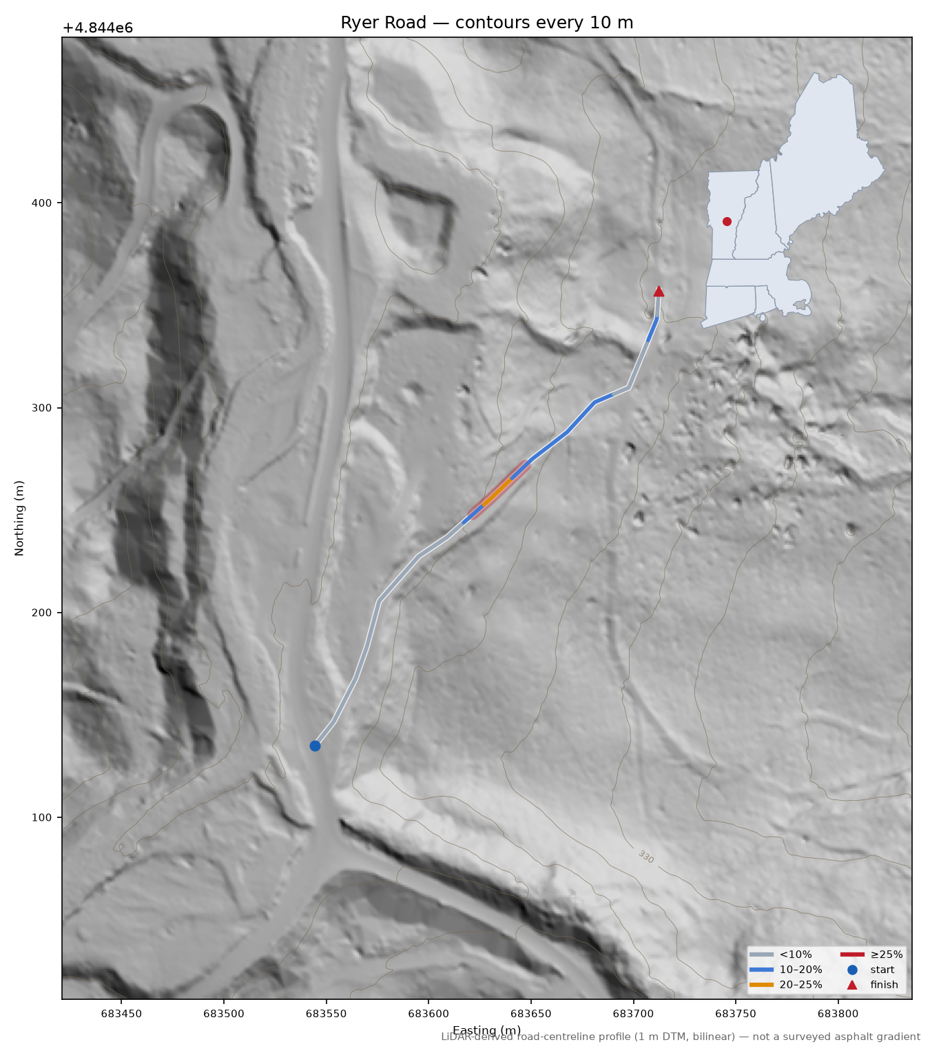 Ryer Road LiDAR hillshade map with contours