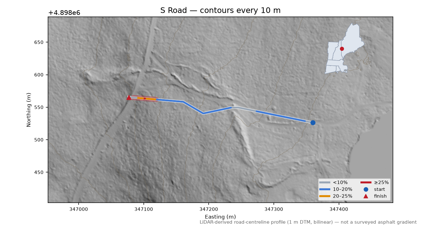 S Road LiDAR hillshade map with contours