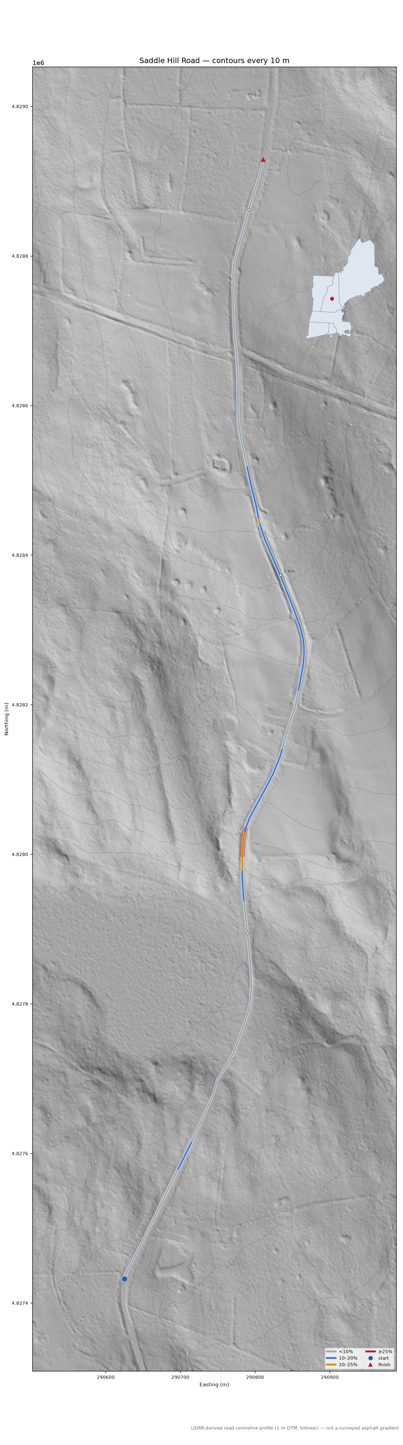 Saddle Hill Road LiDAR hillshade map with contours