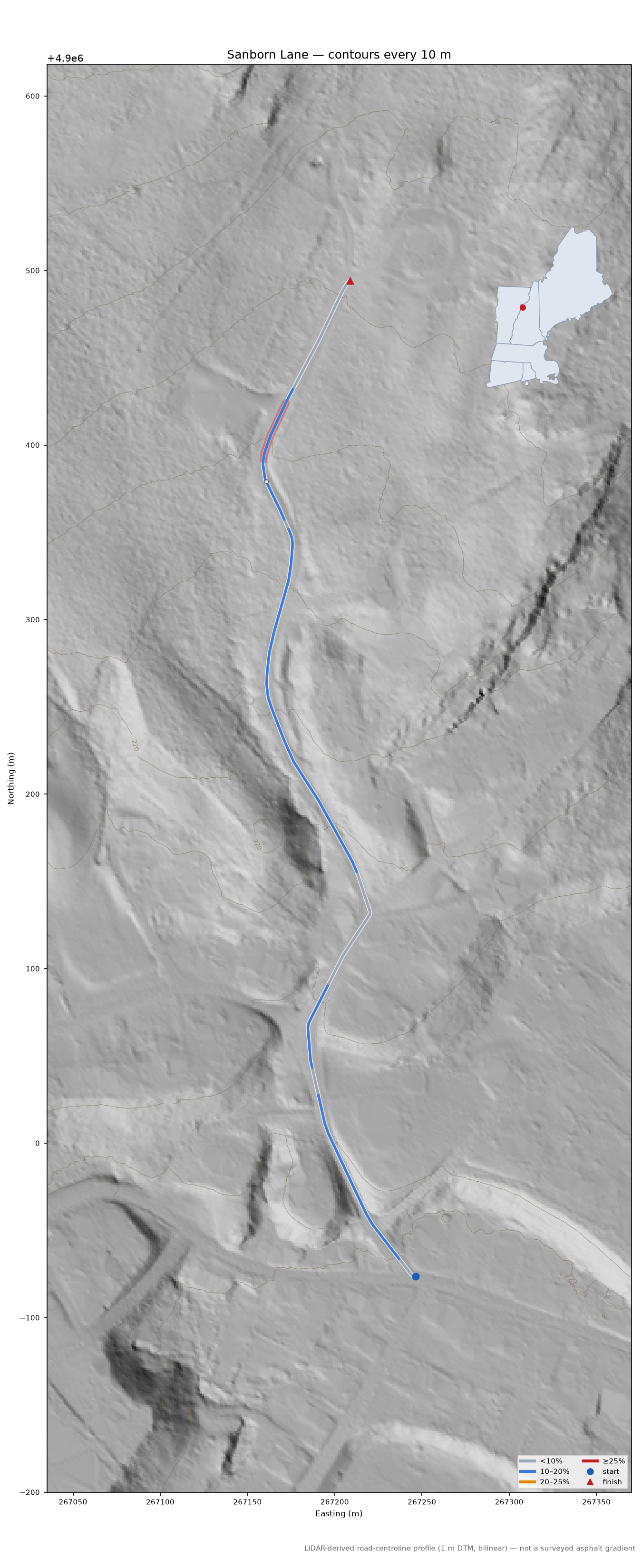 Sanborn Lane LiDAR hillshade map with contours