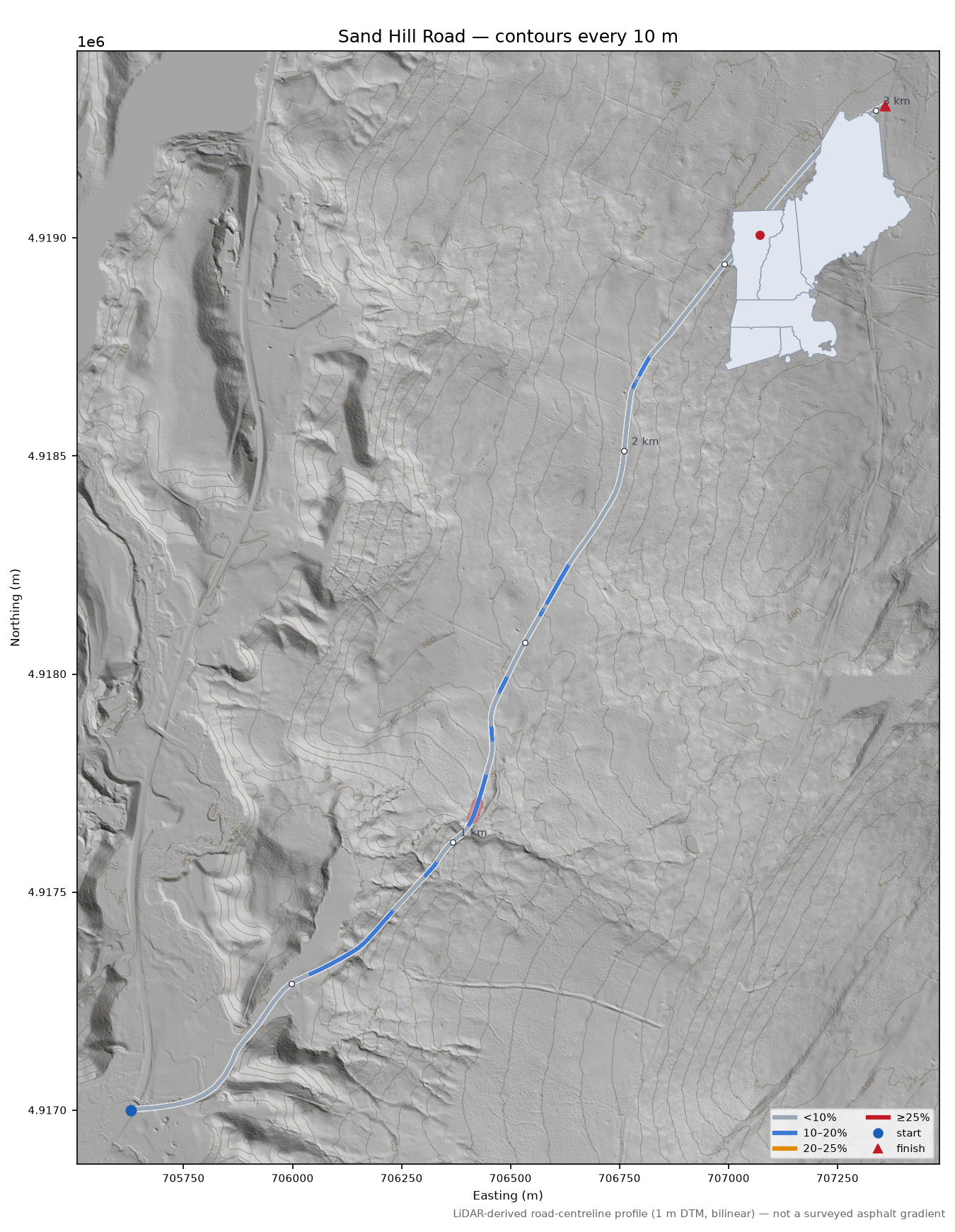 Sand Hill Road LiDAR hillshade map with contours