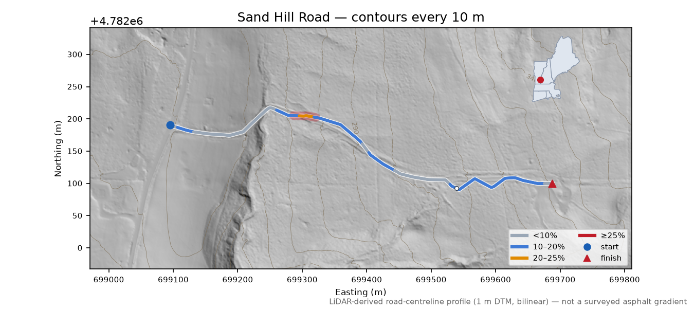 Sand Hill Road LiDAR hillshade map with contours