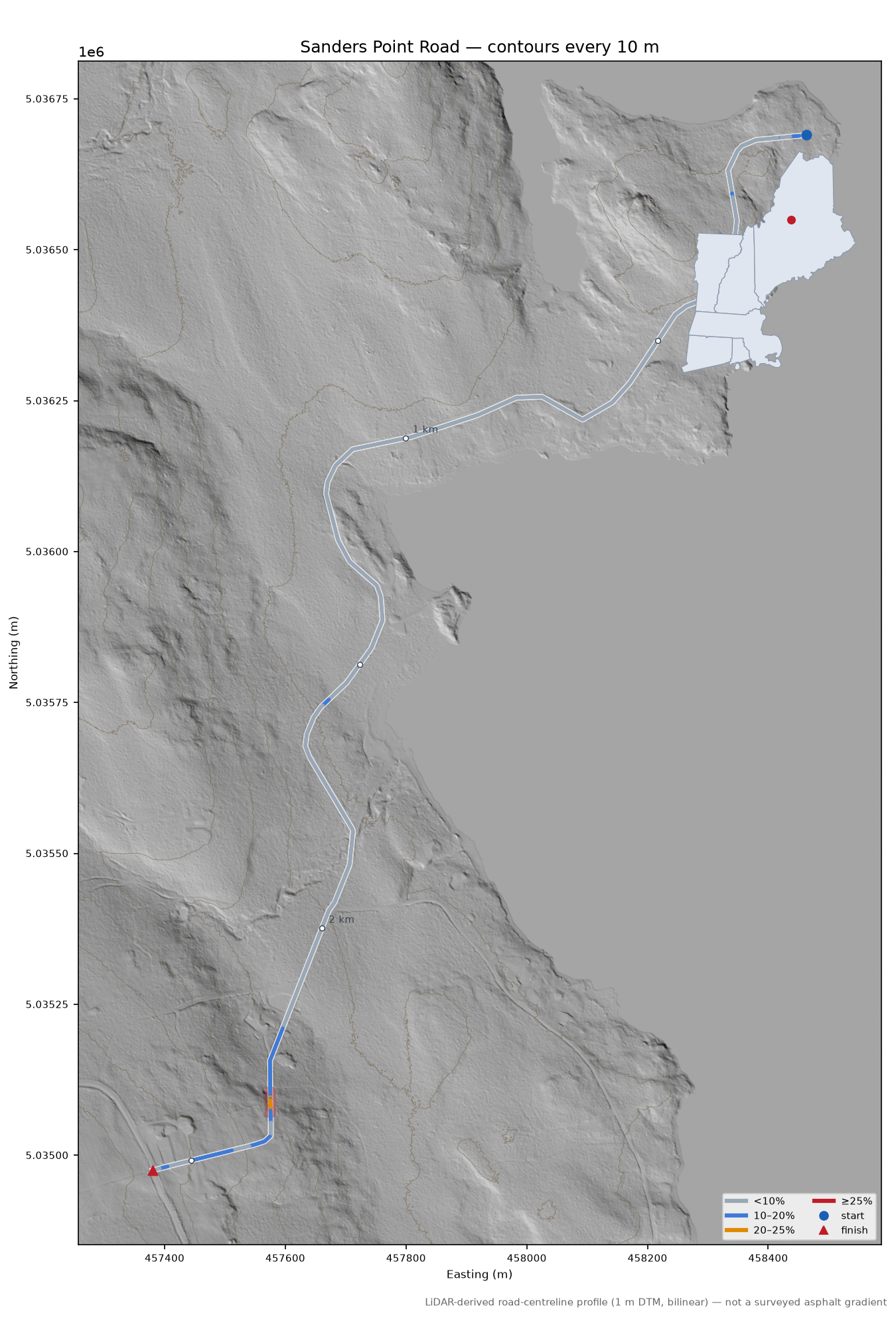 Sanders Point Road LiDAR hillshade map with contours