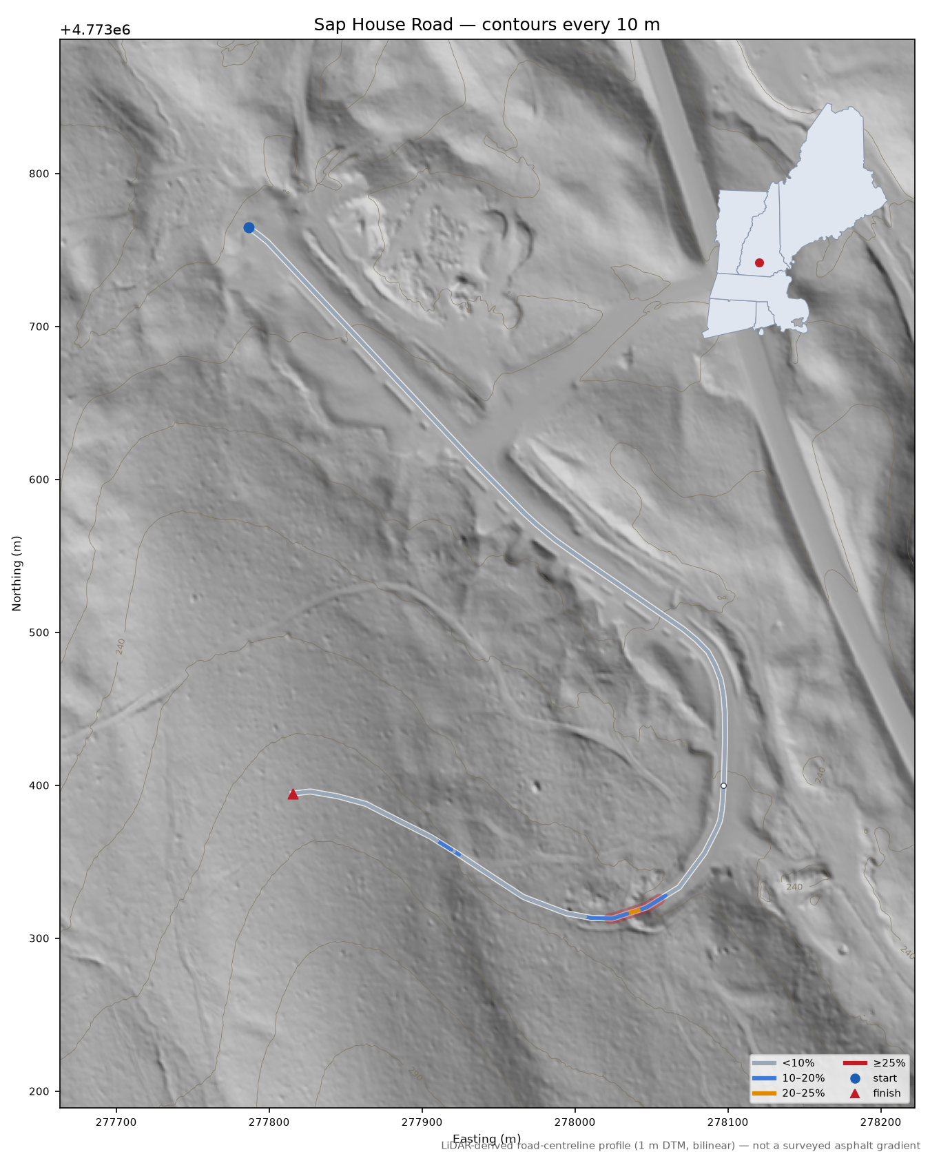 Sap House Road LiDAR hillshade map with contours