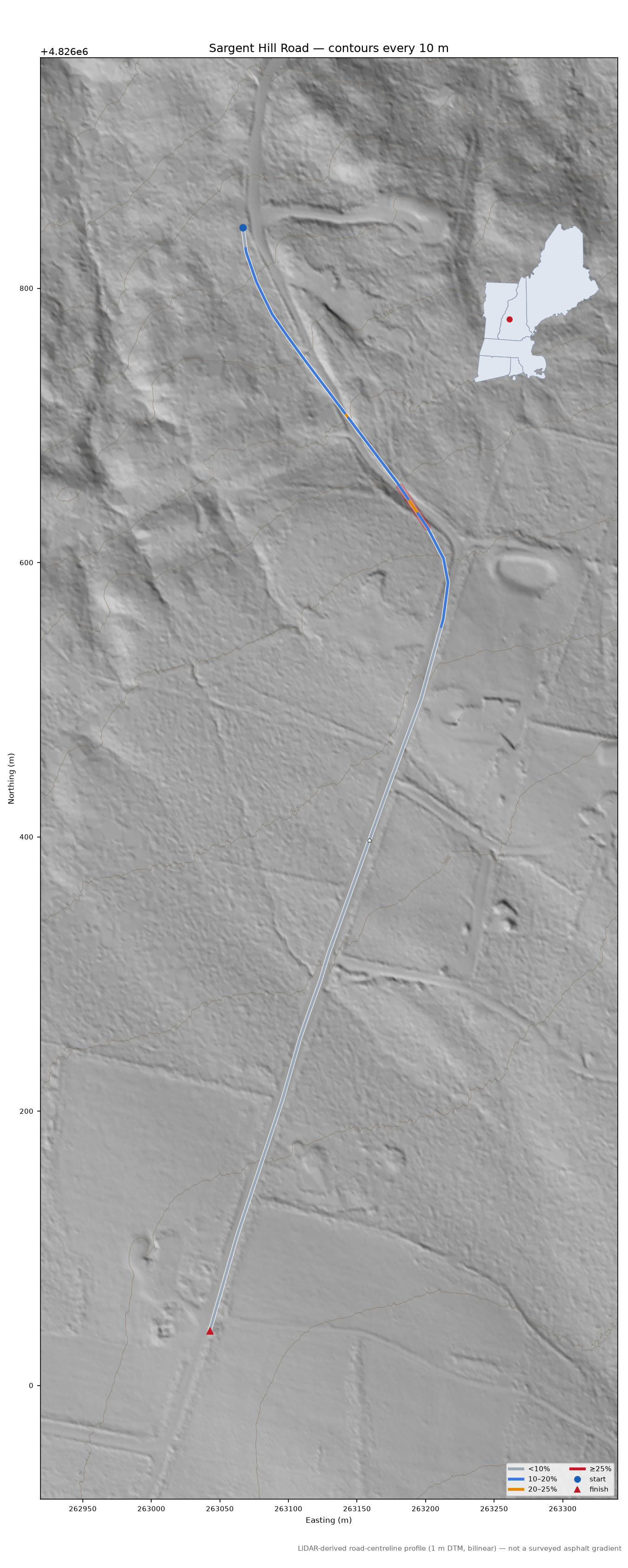 Sargent Hill Road LiDAR hillshade map with contours