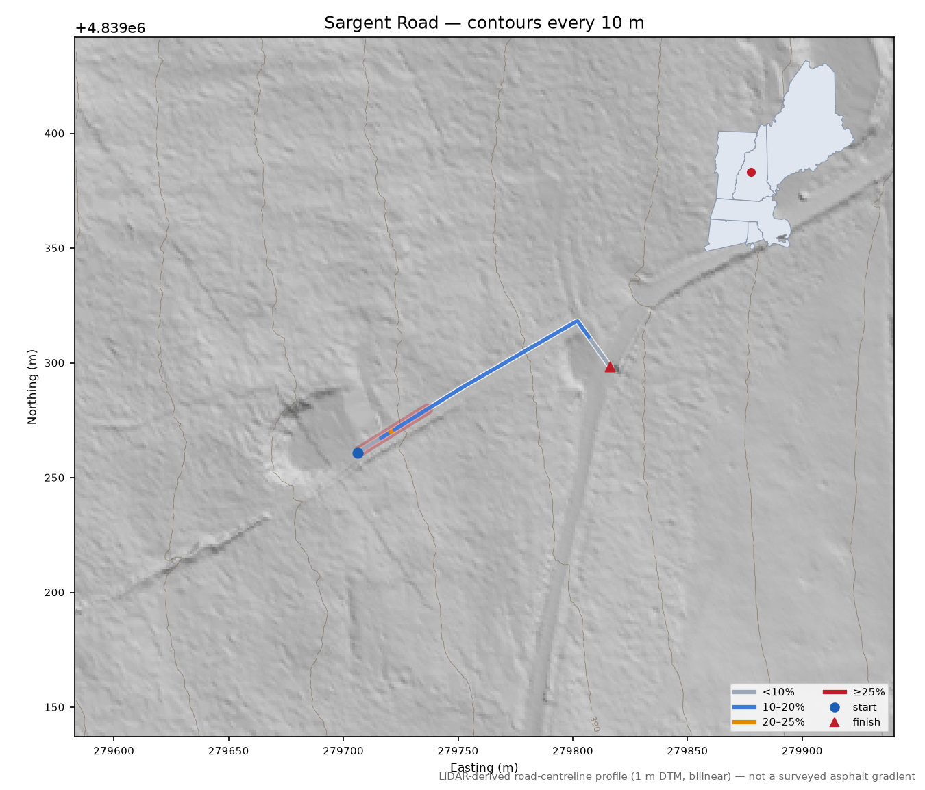 Sargent Road LiDAR hillshade map with contours