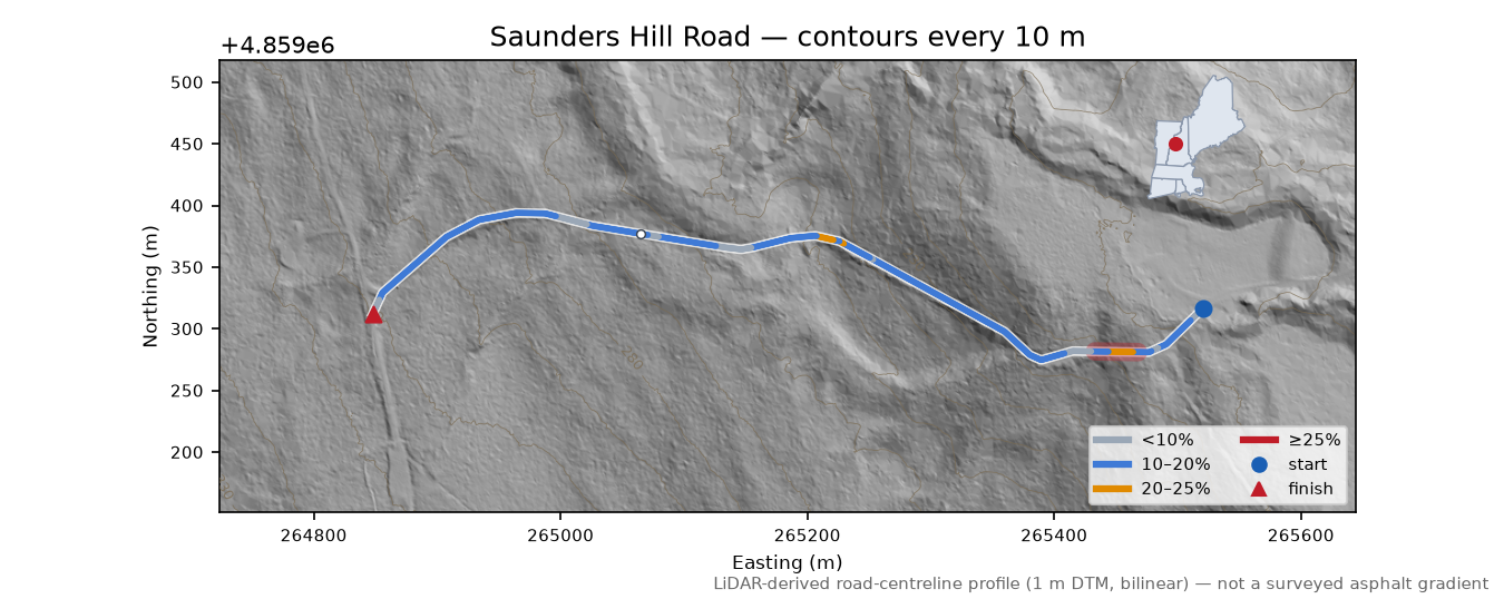 Saunders Hill Road LiDAR hillshade map with contours