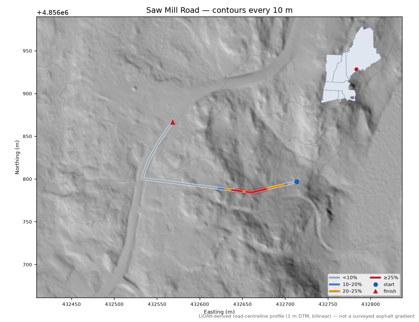 Saw Mill Road LiDAR hillshade map with contours