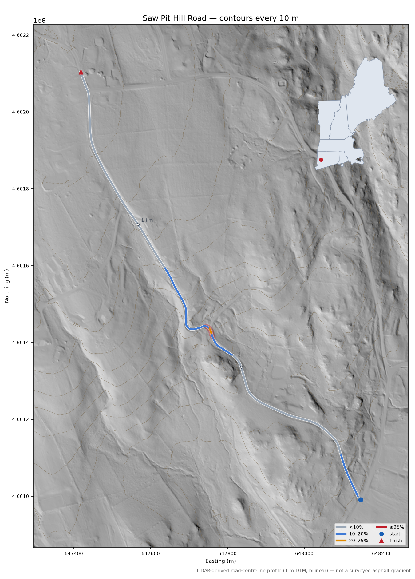 Saw Pit Hill Road LiDAR hillshade map with contours