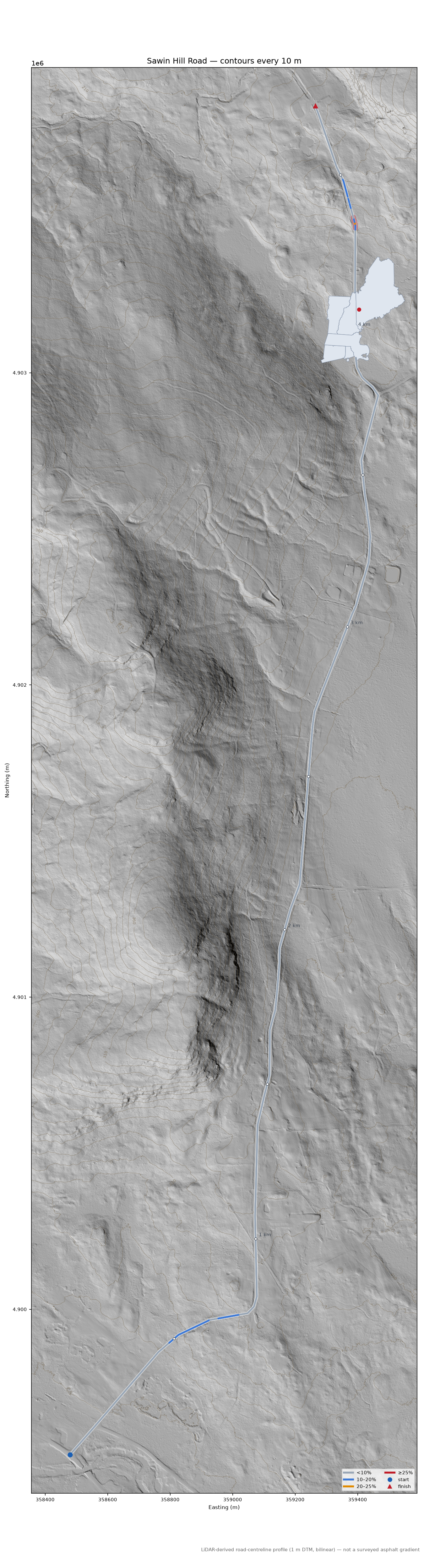 Sawin Hill Road LiDAR hillshade map with contours