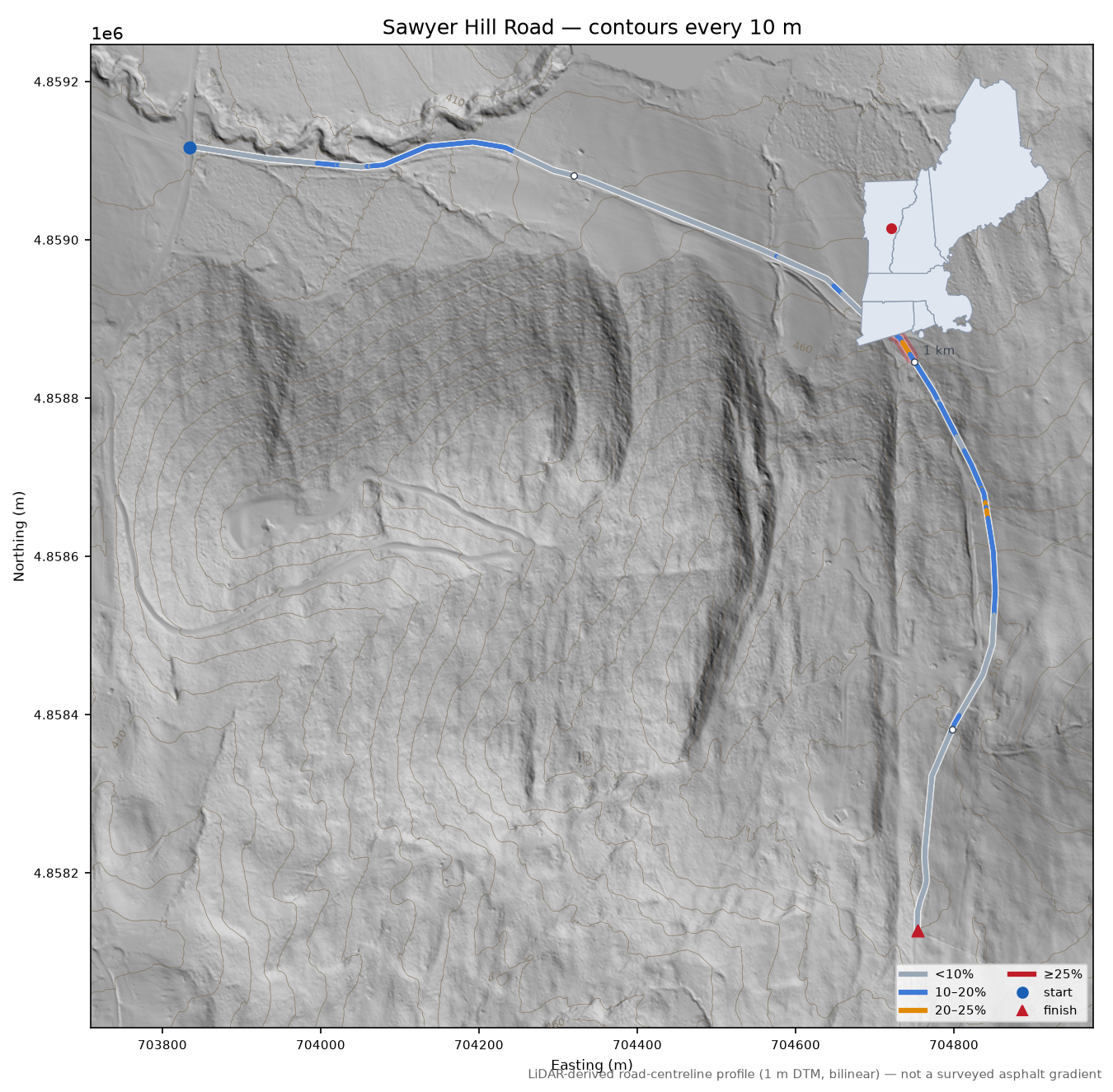 Sawyer Hill Road LiDAR hillshade map with contours