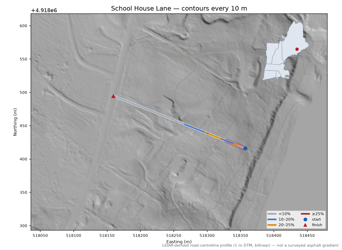 School House Lane LiDAR hillshade map with contours