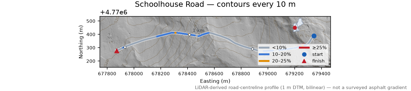Schoolhouse Road LiDAR hillshade map with contours