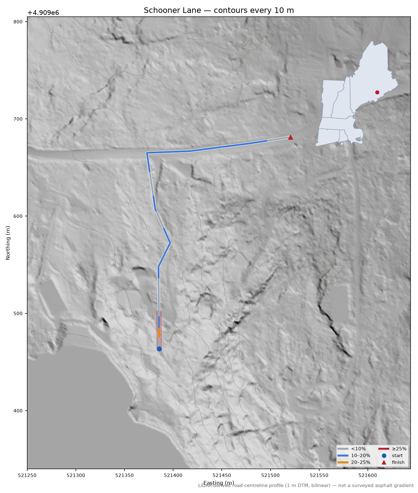 Schooner Lane LiDAR hillshade map with contours