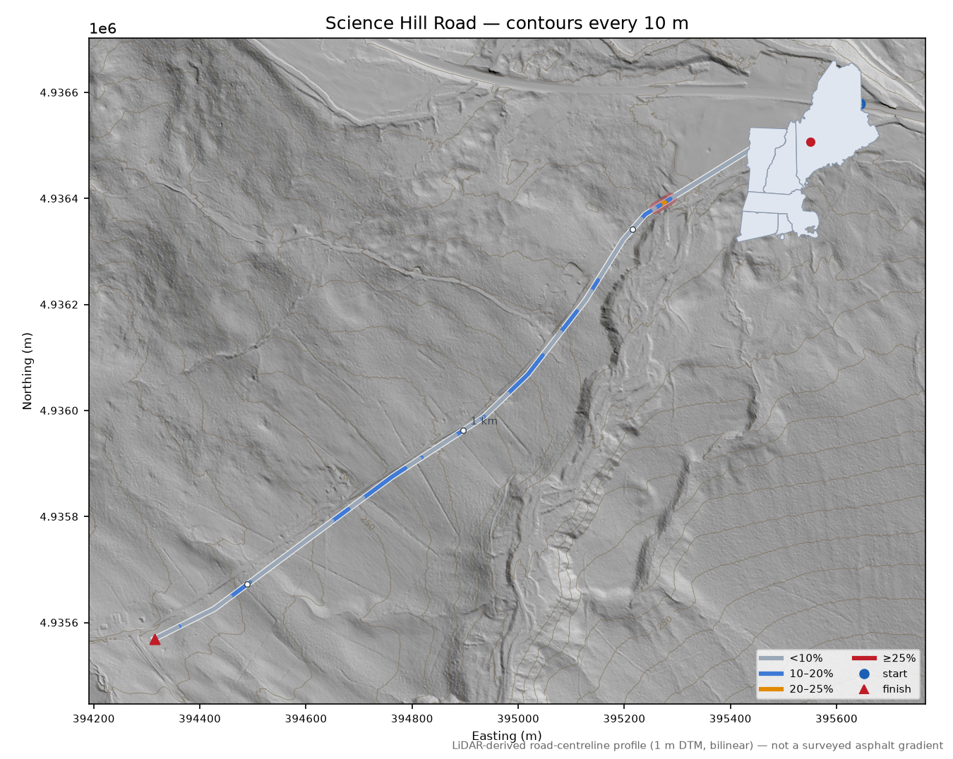 Science Hill Road LiDAR hillshade map with contours