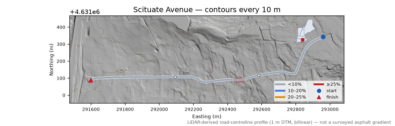 Scituate Avenue LiDAR hillshade map with contours