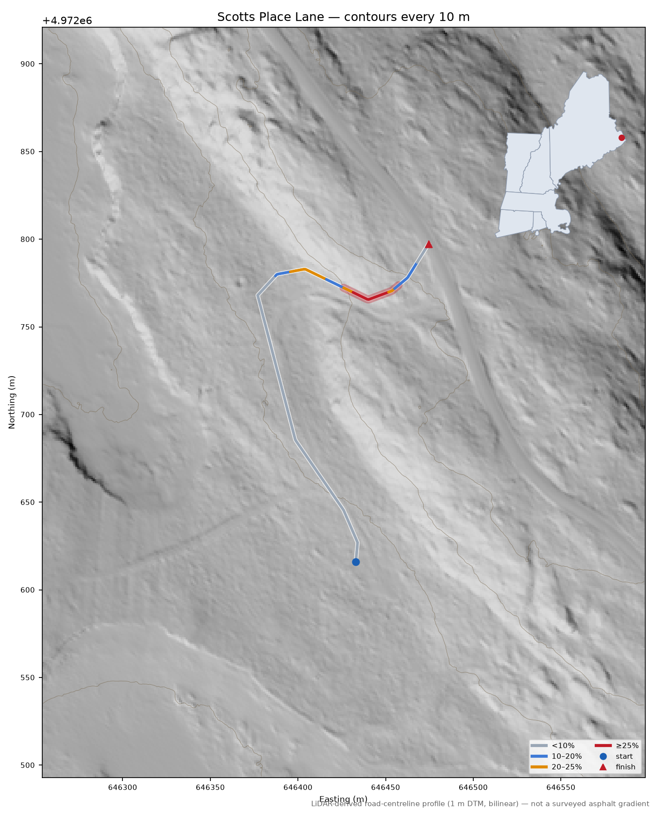 Scotts Place Lane LiDAR hillshade map with contours