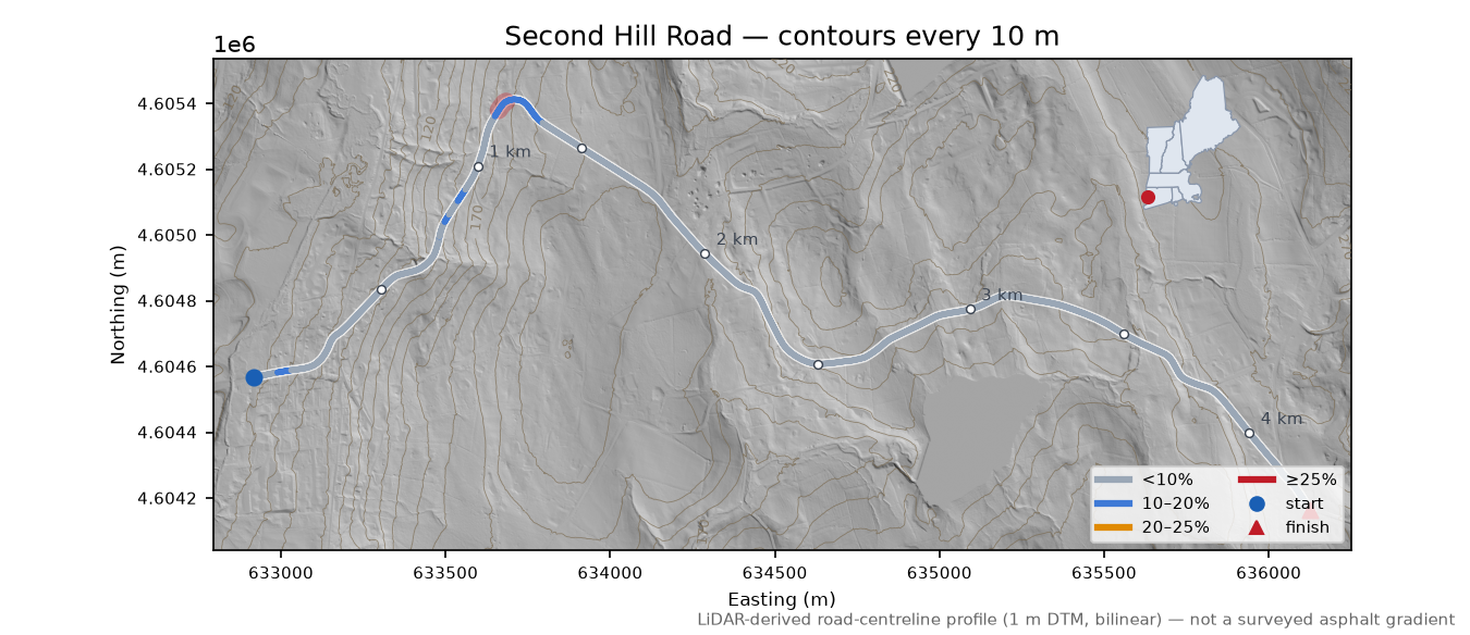 Second Hill Road LiDAR hillshade map with contours