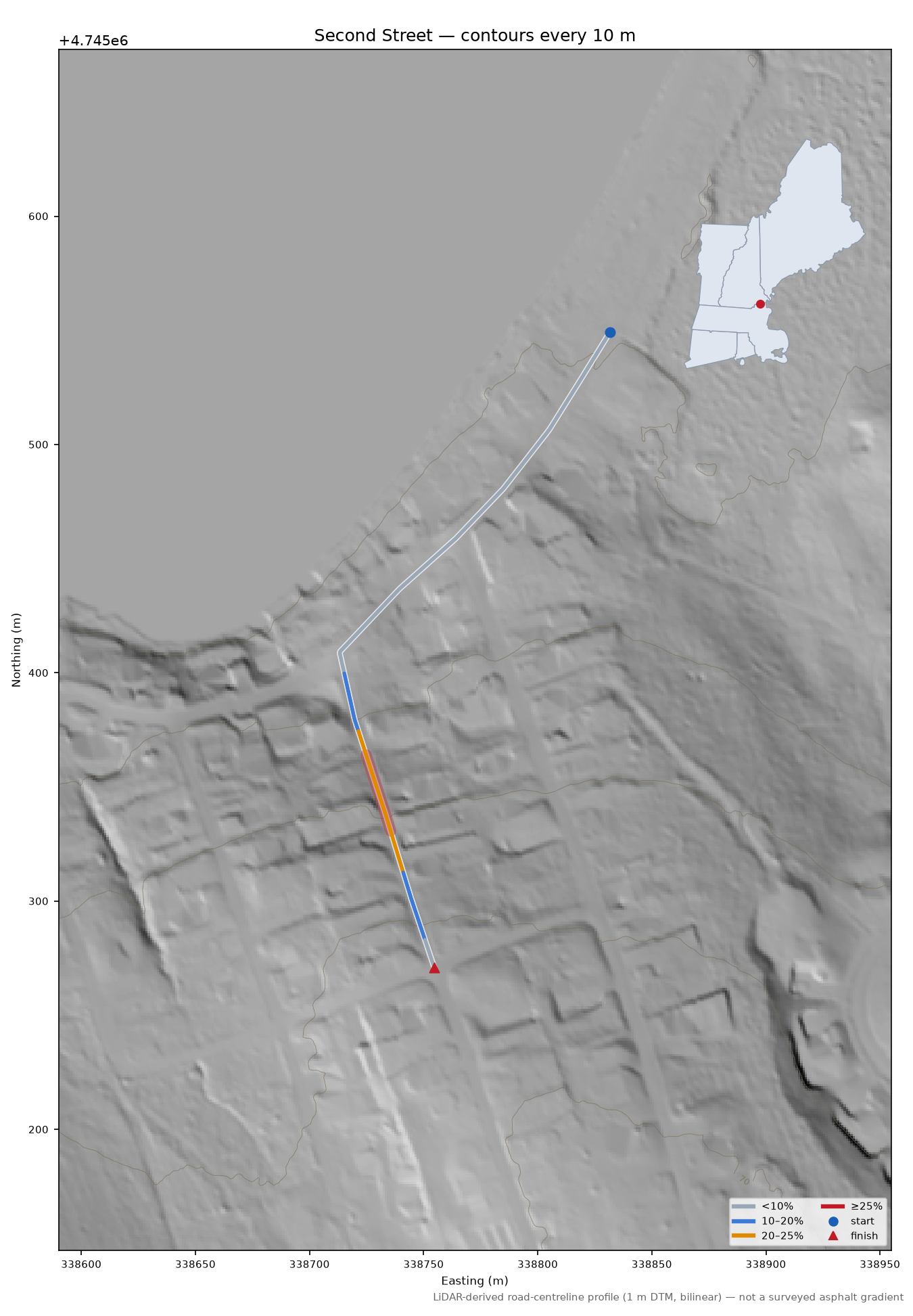 Second Street LiDAR hillshade map with contours