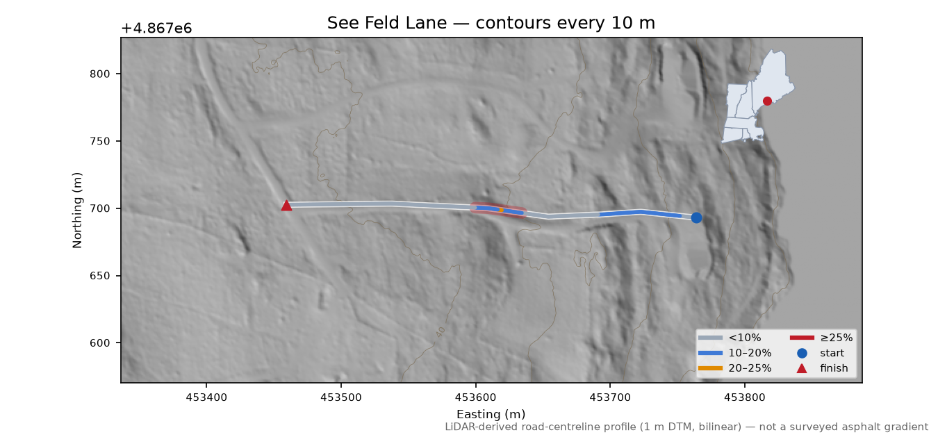 See Feld Lane LiDAR hillshade map with contours
