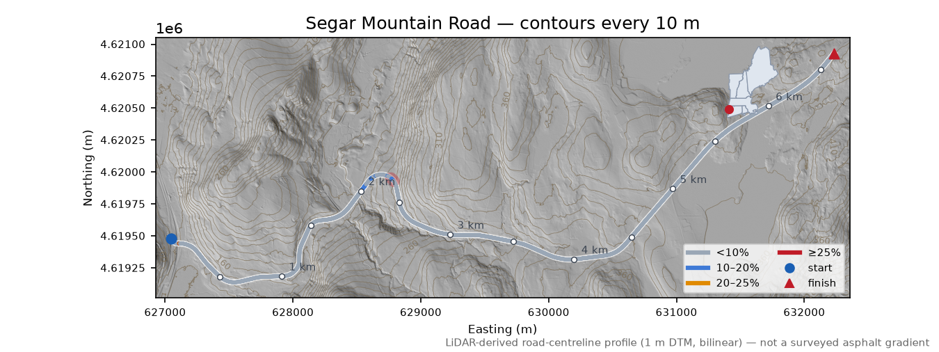 Segar Mountain Road LiDAR hillshade map with contours