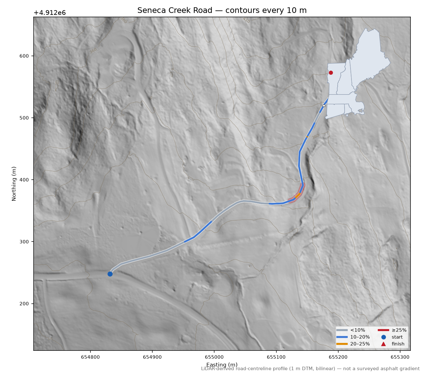 Seneca Creek Road LiDAR hillshade map with contours