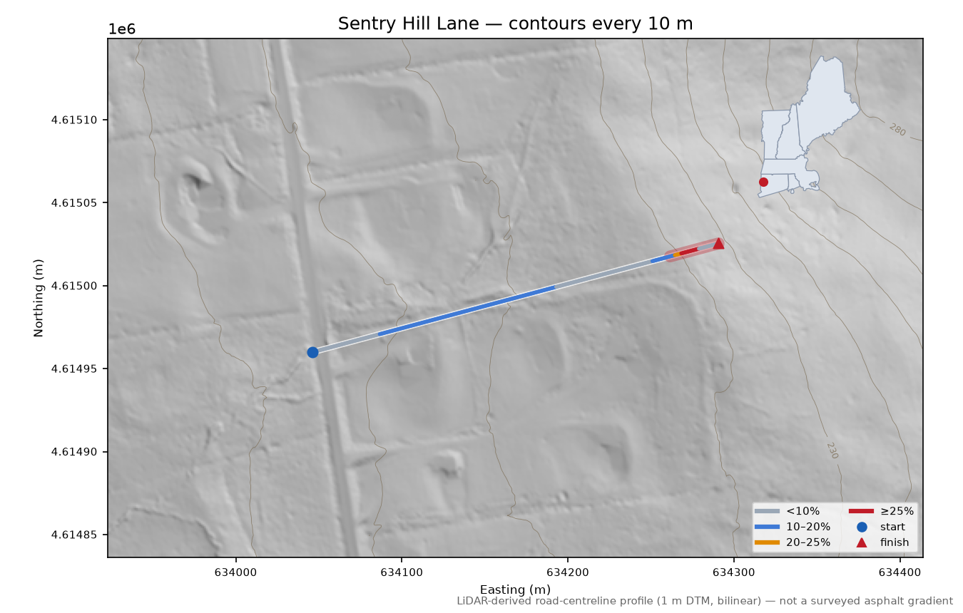 Sentry Hill Lane LiDAR hillshade map with contours