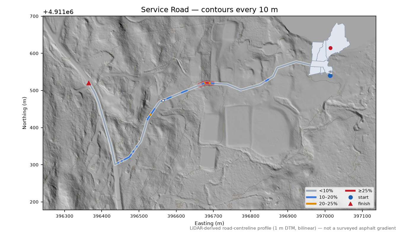 Service Road LiDAR hillshade map with contours