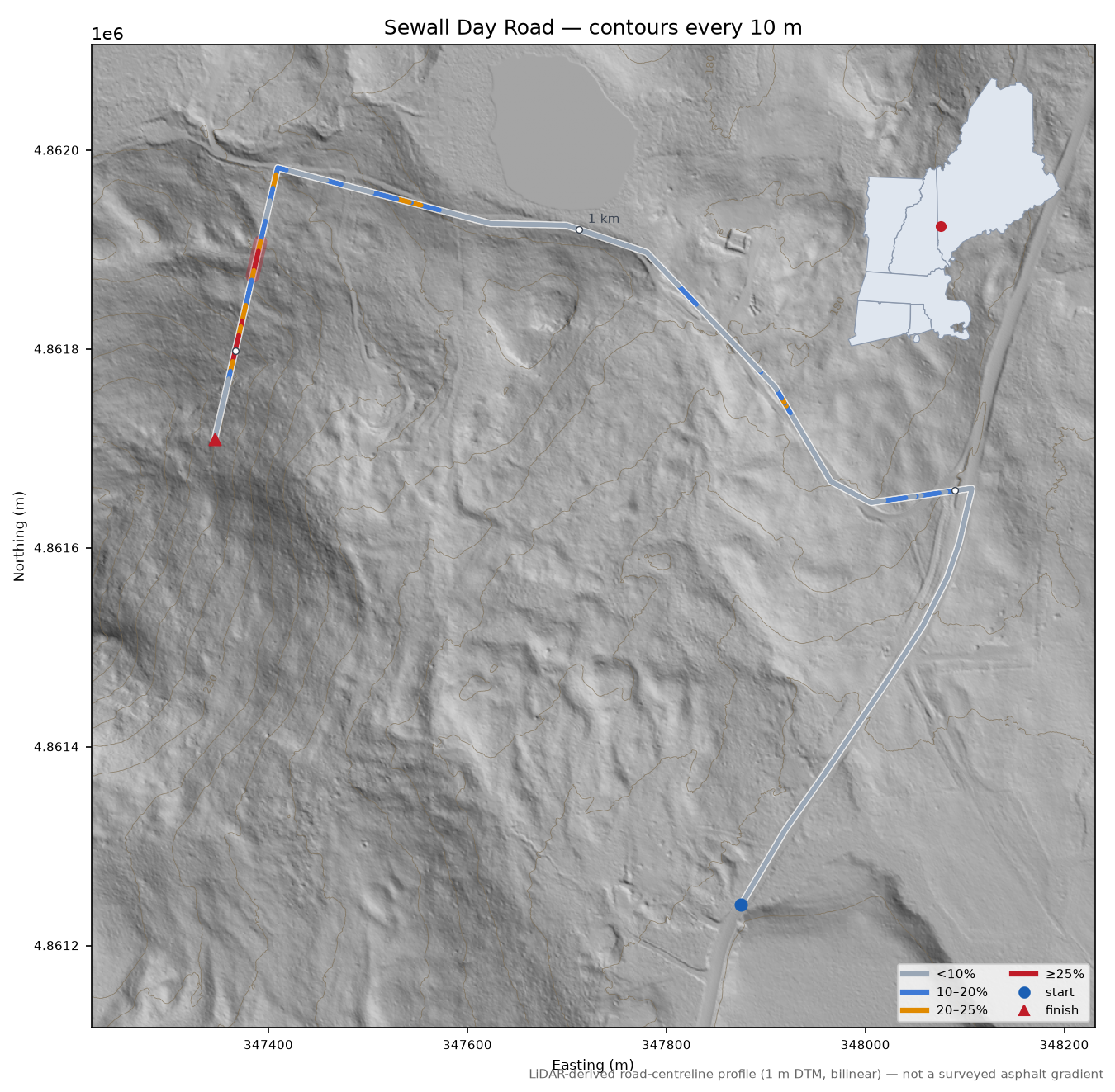 Sewall Day Road LiDAR hillshade map with contours