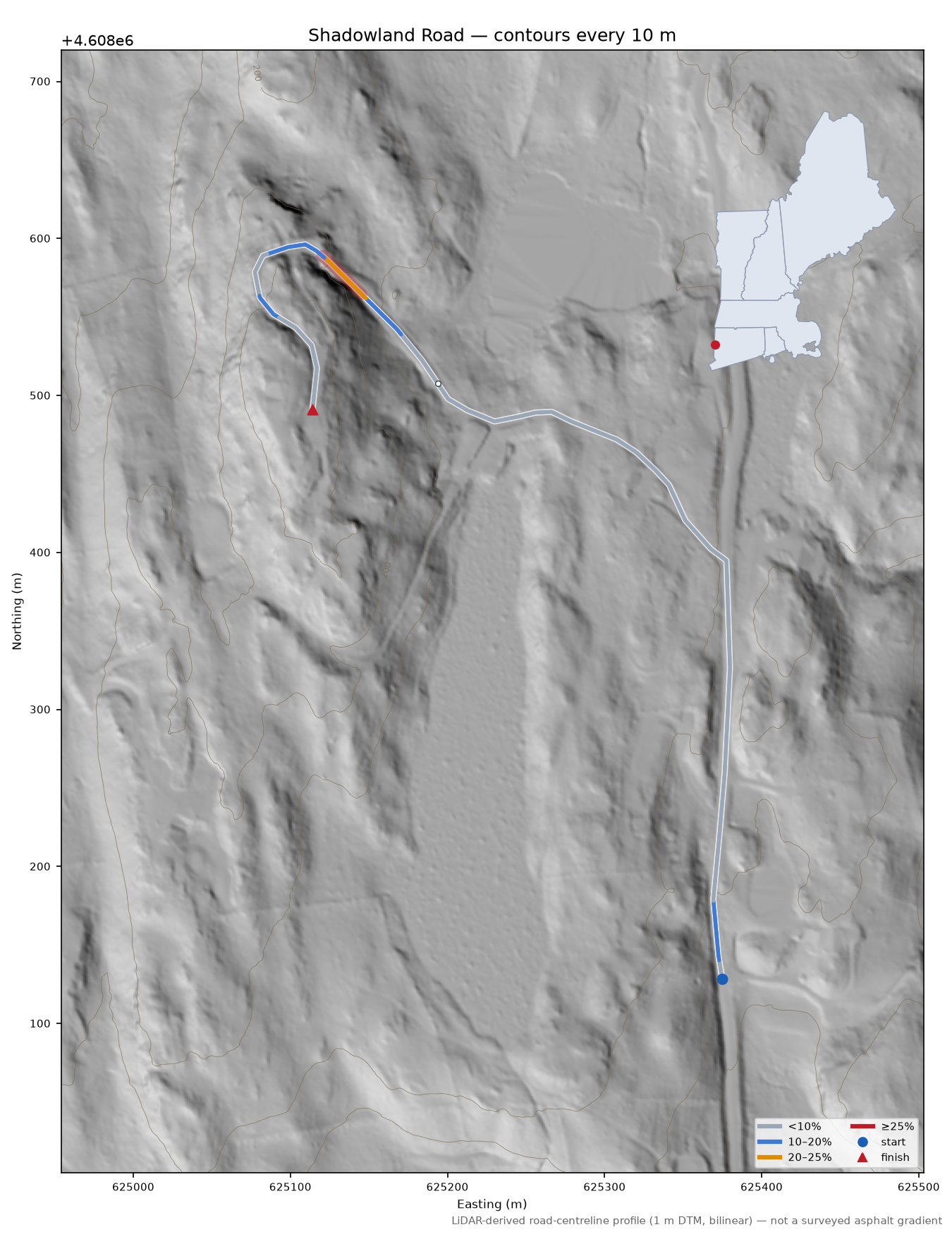 Shadowland Road LiDAR hillshade map with contours